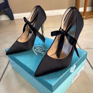 Betsey Johnson Black Satin Heels with Ribbon and Glitter Heel